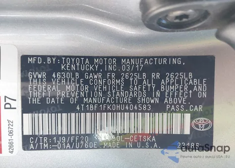 2017 Toyota Camry Se z USA, uszkodzony, nr VIN 4T1BF1FK0HU404583
